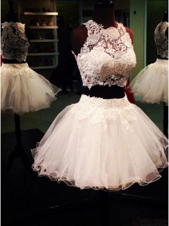 Elegant Two-pieces White Lace Short Homecoming Dresses/party Dresses,h473