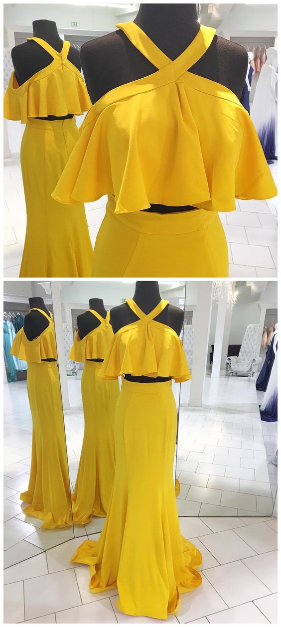 Two Piece Yellow Long Prom Dress With Ruffle,prom Dresses,evening Dress, Prom Gowns, Formal Women Dress,p483