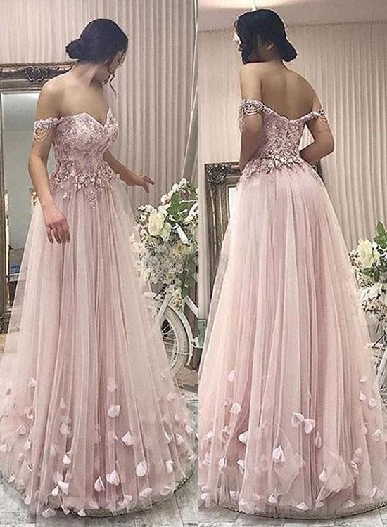 off shoulder pink prom dress