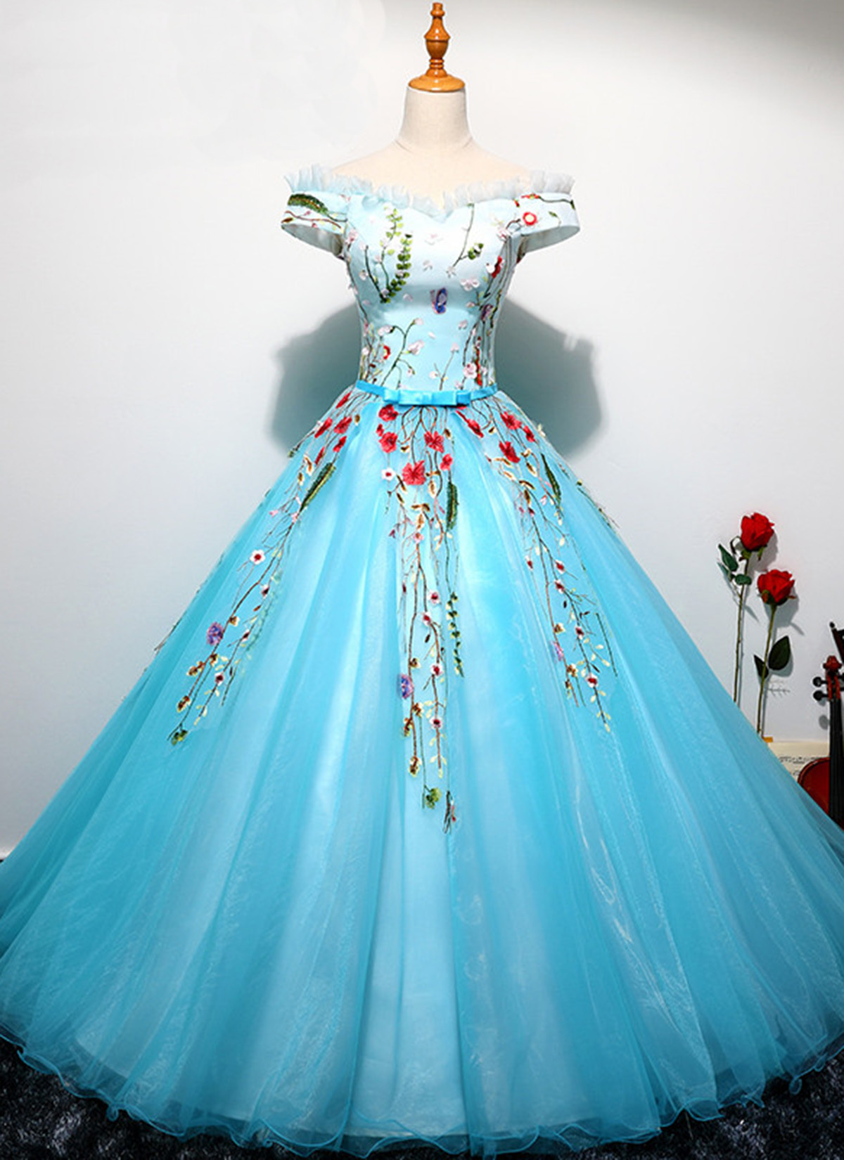 Sweetheart Ice Blue Tulle Long Off Shoulder Ball Gown, Senior Evening Dresses,p511