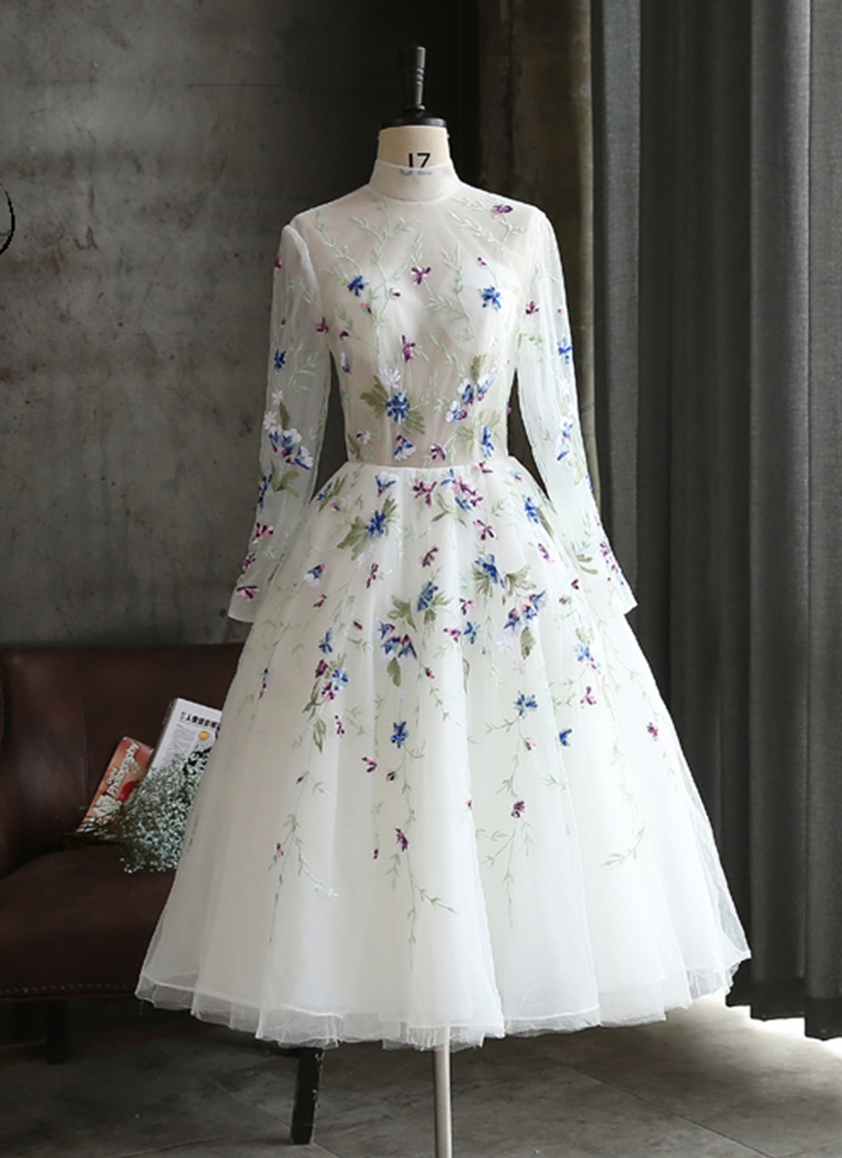 White Flower Lace Long Mid Length Party Dress, Long Sleeves Homecoming Dress,p528
