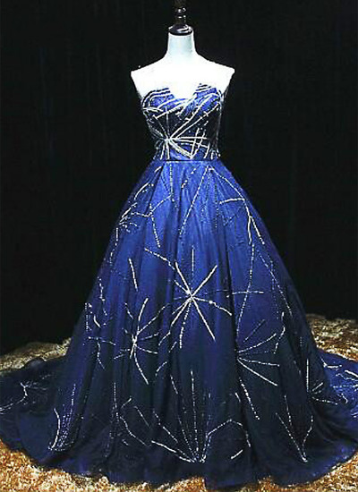 Royal Blue Tulle V Neck Strapless Long Evening Dress, Long Spring Party Dress,p656