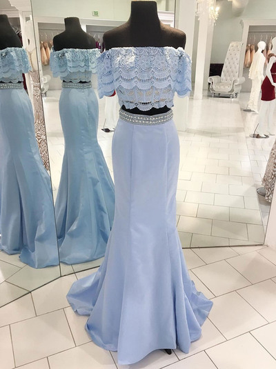 Spring Fresh Blue Satin Beaded Two Pieces Long Mermaid Homecoming Dress, Long Lace Off Shoulder Party Dress,p657