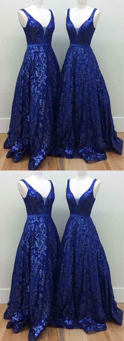 Royal Blue Lace Long V-neck A-line Prom Dress, Long Halter Evening Dress,p 688