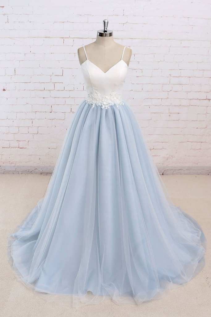 Baby Blue Sweet A Line Spaghetti Strap Long Simple Flower Lace Prom Dress,p683