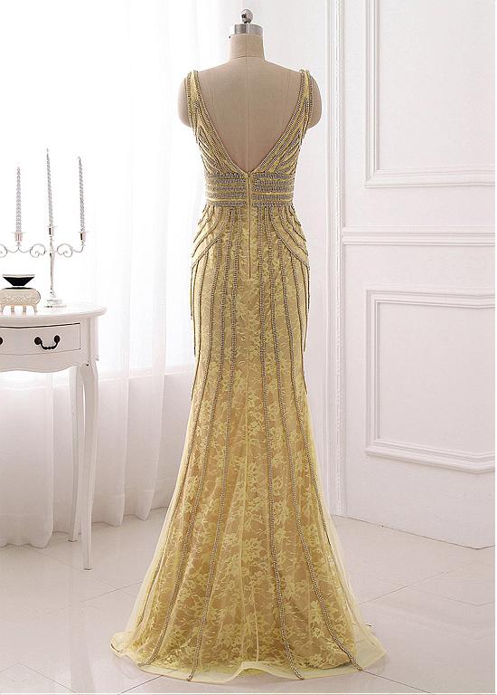 Mermaid V-Neck Floor-Length Grape Lace Prom Dress With Beading   cg14917