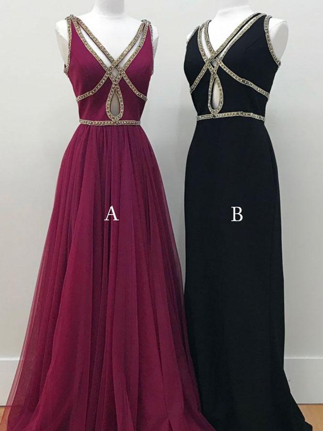 Black Prom Dresses V-neck A-line Floor-length Sexy Burgundy Prom Dress,p787