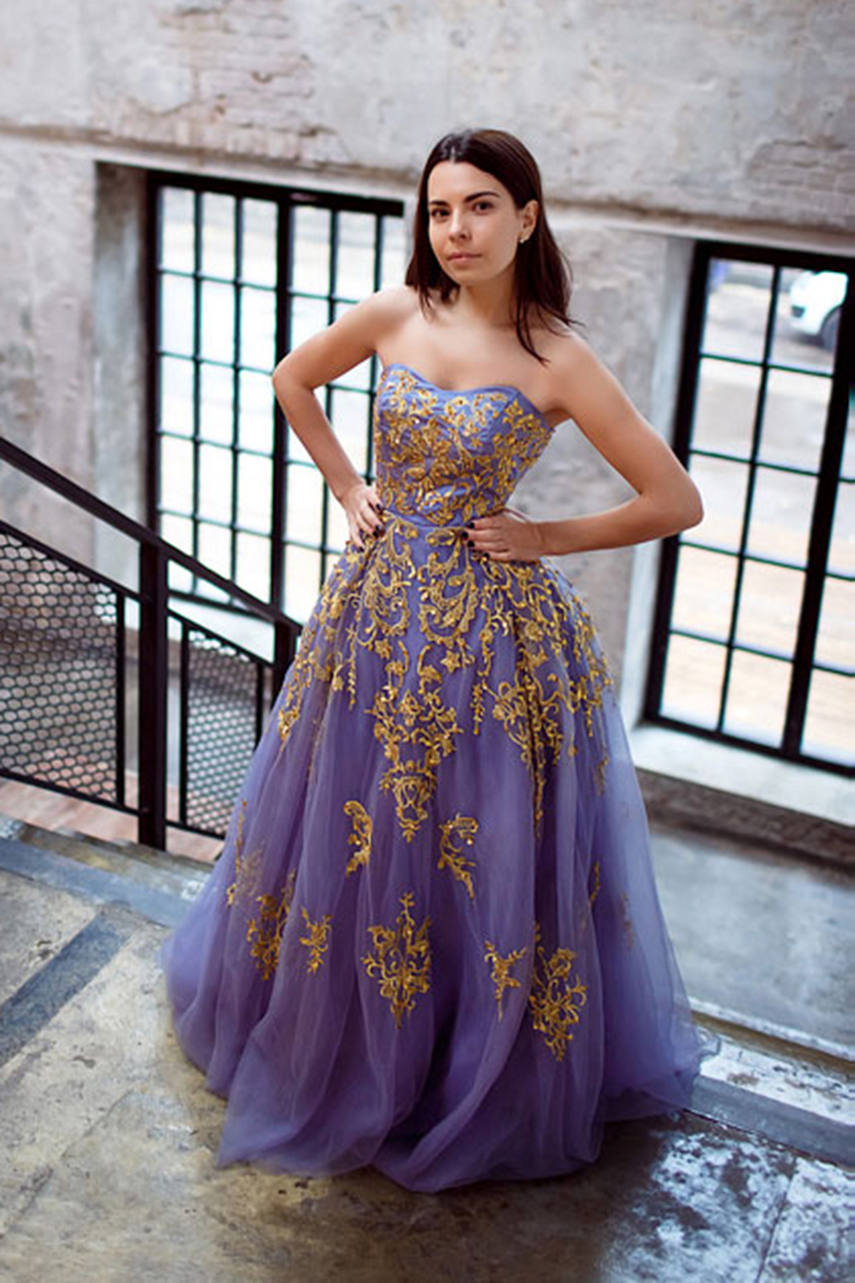 purple gold prom dress