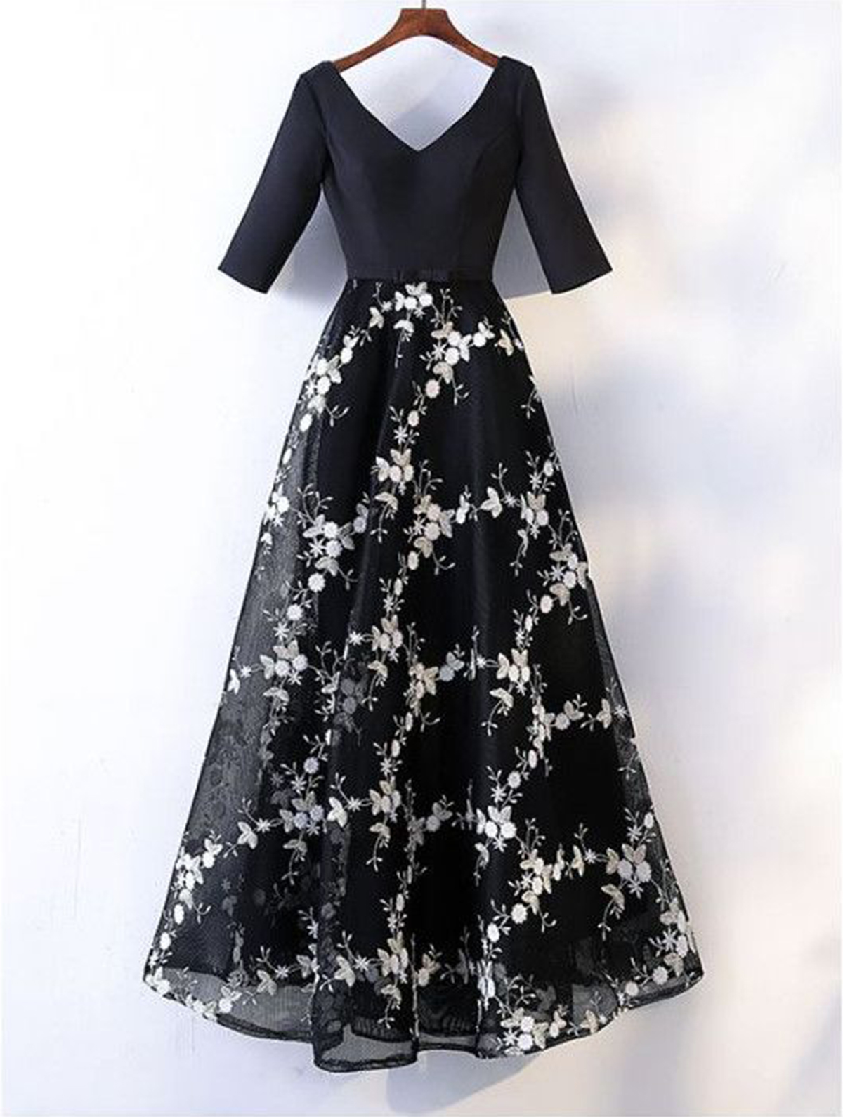 Special Black Floral Chiffon V Neck Customize Long Spring Party Dress With Sleeves,p880