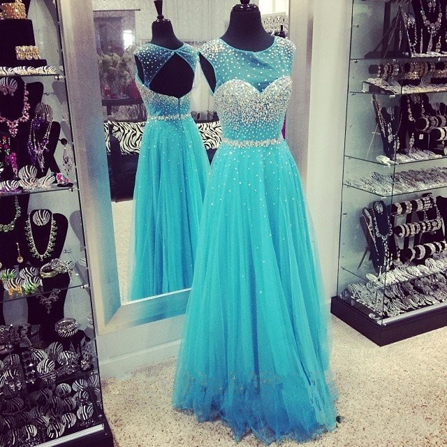 Scoop Neck Tulle Prom Dresses with Crystals Custom Made Women Party Dresses,P884