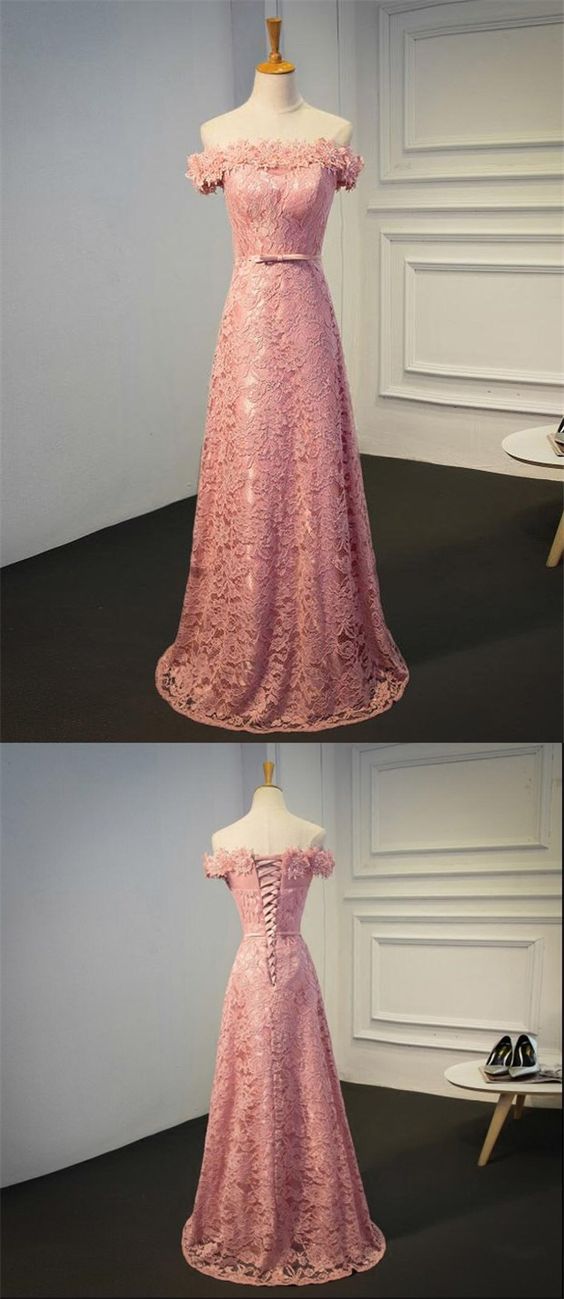 Pink Lace Appliqués Off-the-shoulder Floor Length A-line Prom Dress Featuring Lace-up Back, Formal Dress,p907