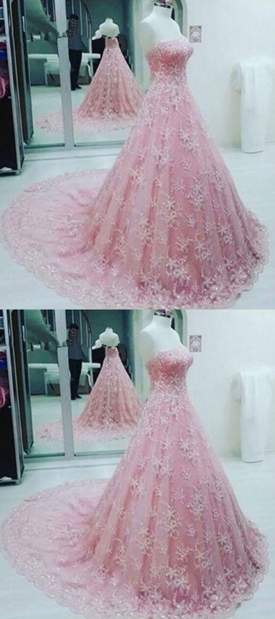 Bridal Ball Gown Strapless Pink Lace Formal Women Evening Dress,p911
