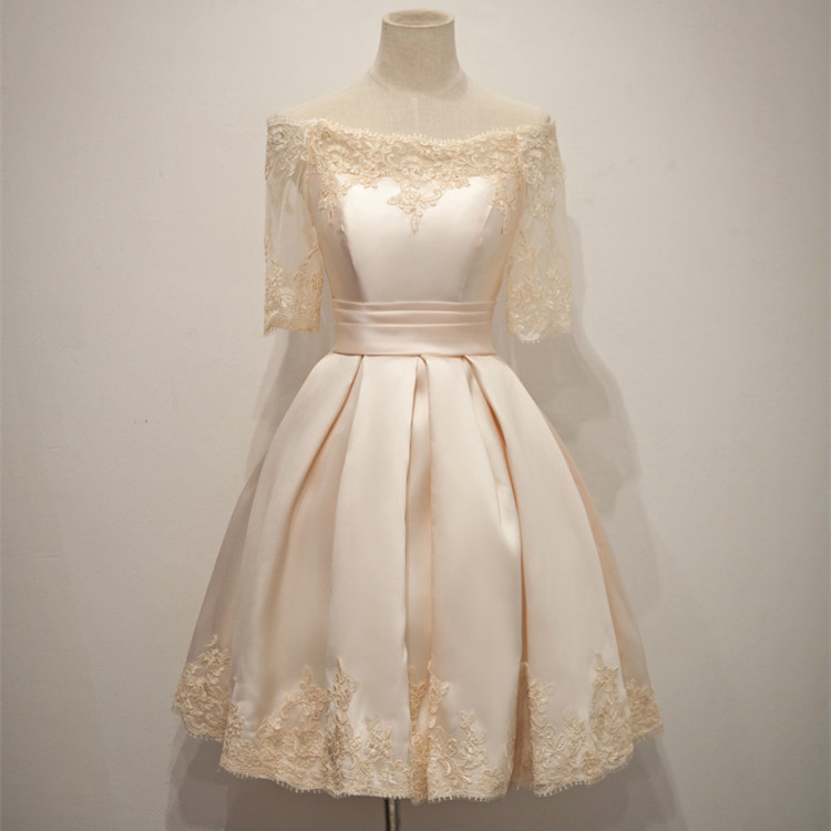Charming Short Champagne Satin Dress Featuring Half Sleeve And Ruched Skirt,h971 Charming Short Champagne Satin Dress Featuring Half Sleeve And Ruched Skirt,h971