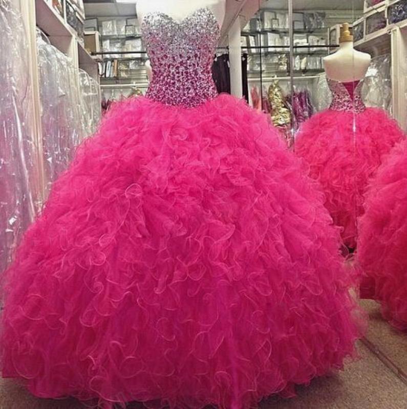 Fuchsia Pink Ball Gown Quinceanera Dress Sweetheart Beading Prom Dresses,p989