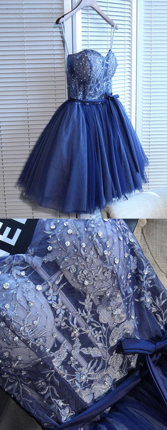 Modern A Line Strapless Lace Up Short Dark Blue Tulle Homecoming Dress With Beaded Lace,h1001