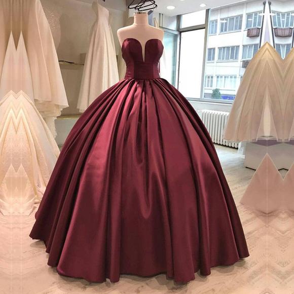 Burgundy Sweetheart Prom Dresses,strapless Ball Gowns,p1005