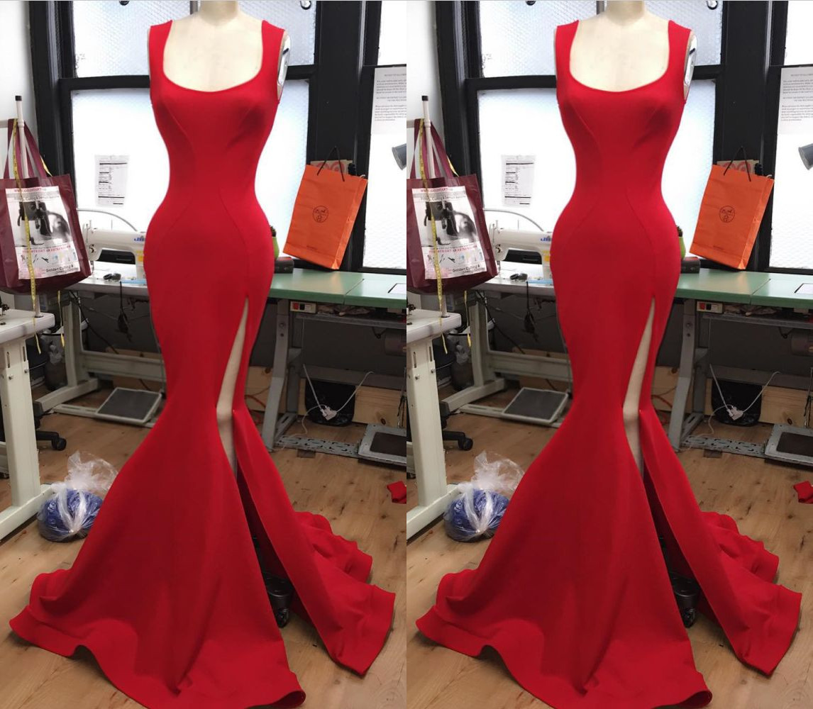 U Neck Red Mermaid Prom Dress With Slit,evening Dresses,party Dresses,p1038