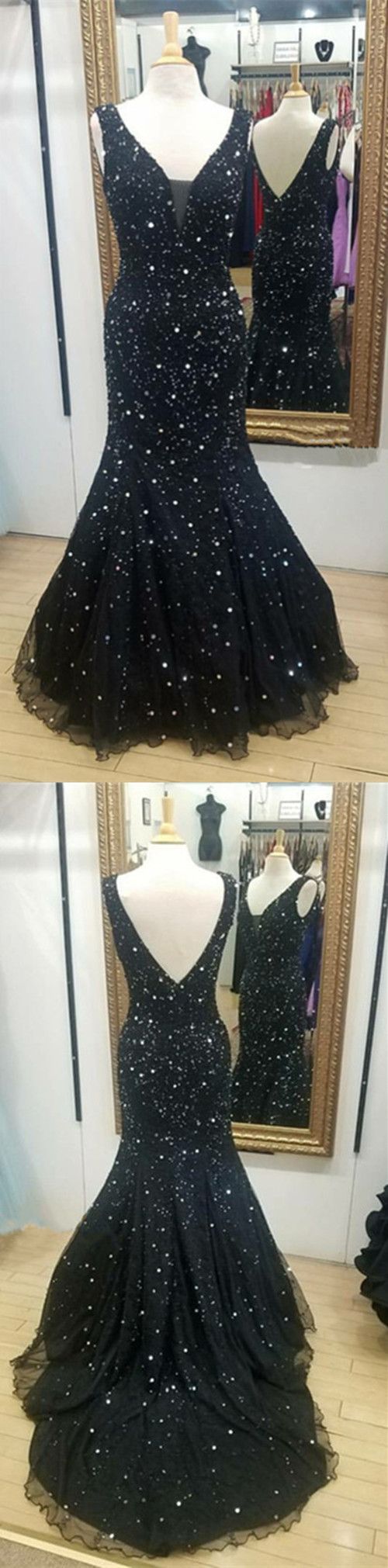 Luxurious Sequins Beaded V Neck Navy Blue Prom Dresses Sparkly Mermaid Evening Gowns,p1039