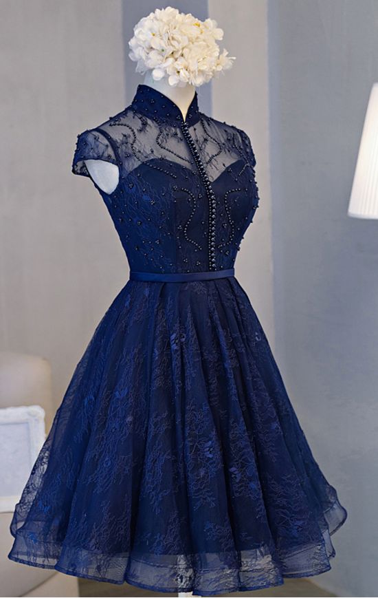 A-line/princess Prom Homecoming Dresses Short Navy Dresses With Lace Up Bandage Mini Splendid Homecoming Dresses ,h1082