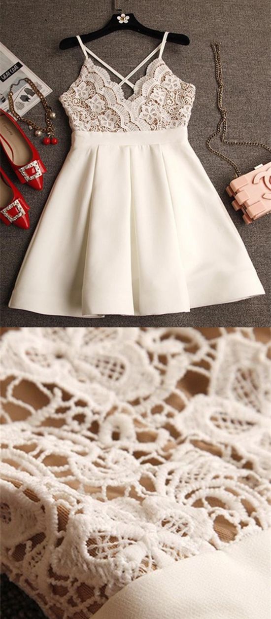A-line Spaghetti Straps Short Ivory Chiffon Homecoming Dress With Lace,h1094