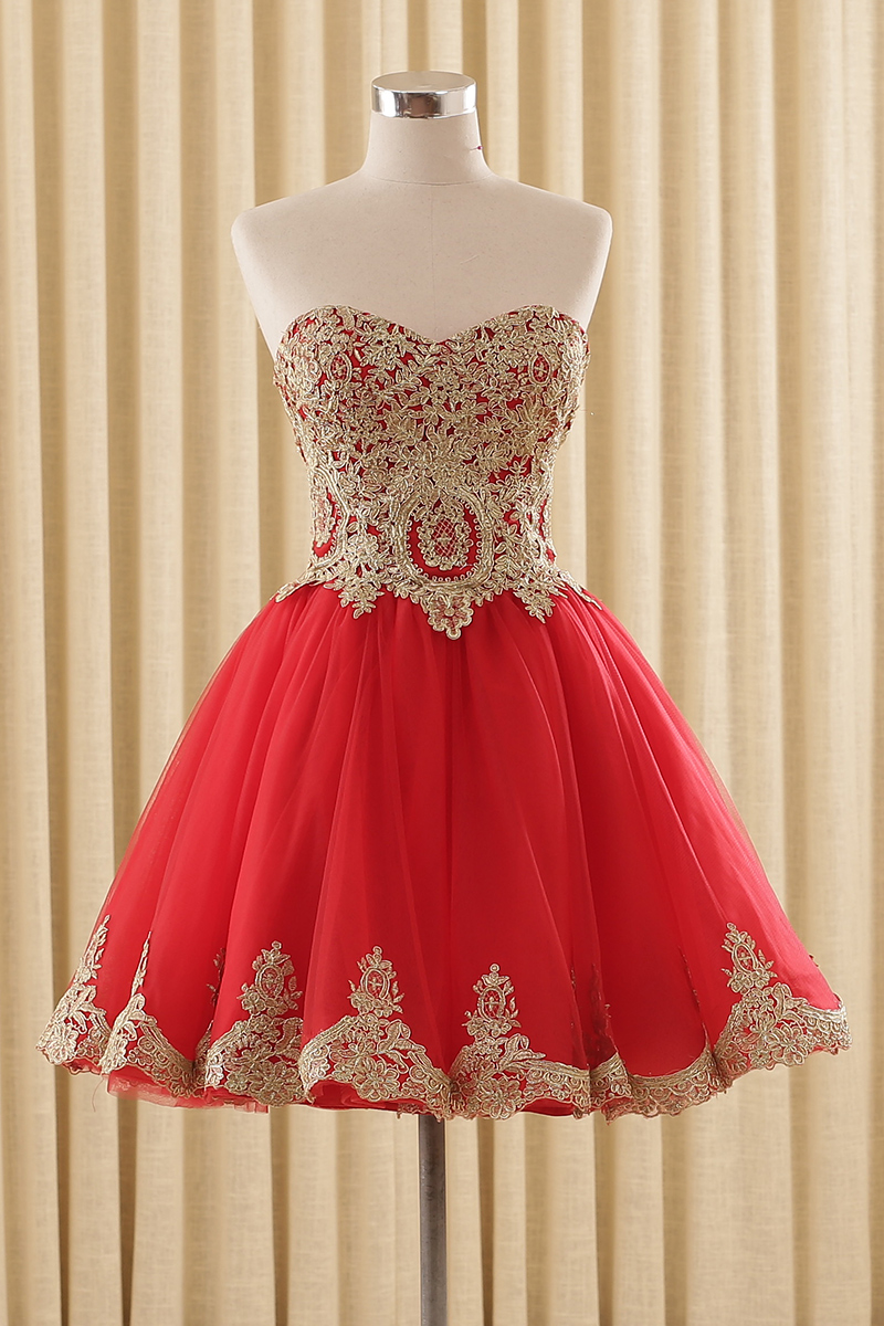 red and gold short prom dresses