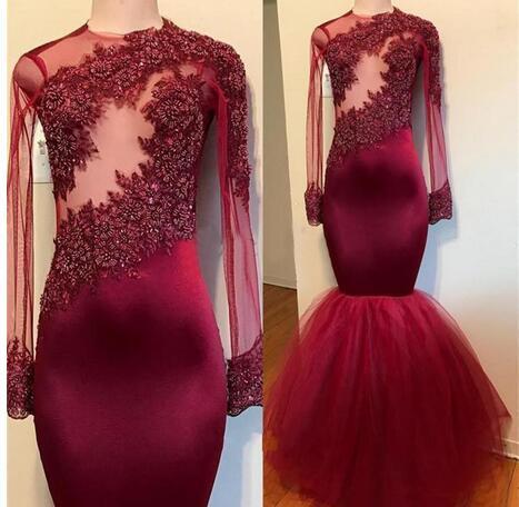 Gorgeous Beaded Burgundy Long Sleeve Prom Dresses Illusion Elastic Satin Mermaid Evening Dress,p1218