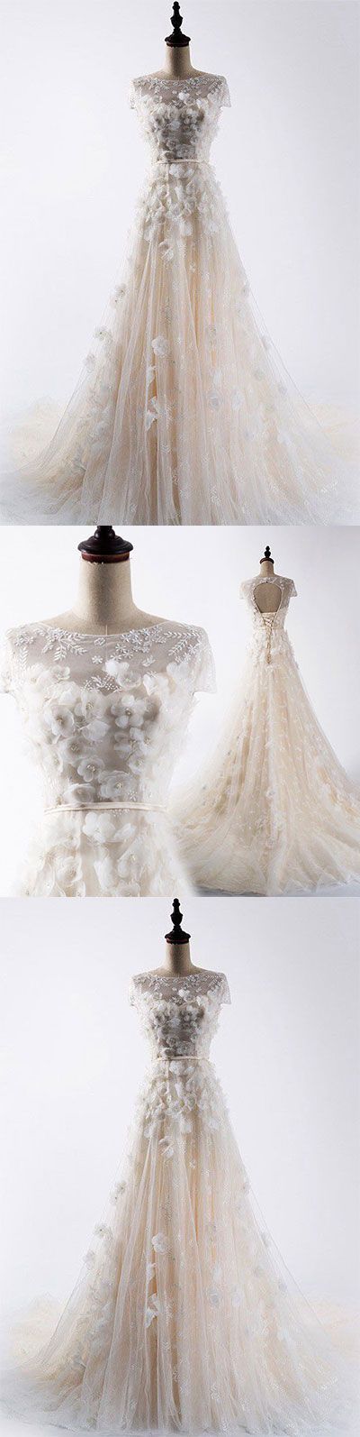 A-line Round Cap Sleeves Light Champagne Wedding Dress With Appliques,w1348