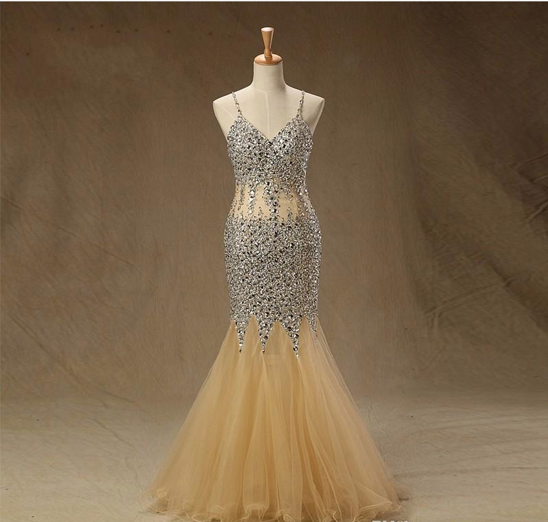 Sparkly Champagne Mermaid Cheap Prom Dresses with Bling Crystals Beaded Backless Long Tulle See Through Waist Sequin Beaded Evening Formal,P1354