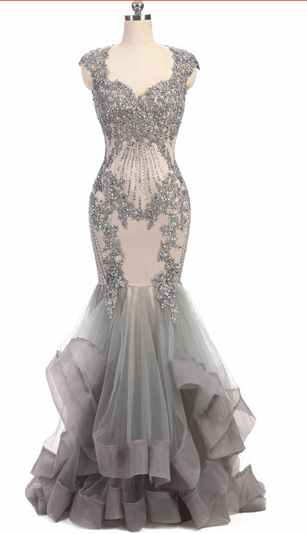 High Quality Sweetheart Mermaid Evening Dress Beads Mermaid Dress Long Elegant Prom Dresses Robe De Soiree Gray Tulle Prom Dress,p1362