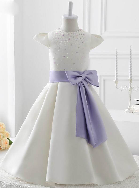 2017 Style White Satin With Bow Flower Girl Dress,fg1395