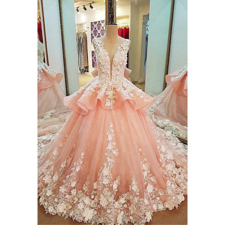 Tulle Lace Scoop Neckline Ball Gown Wedding Dress With Lace Appliques,Quinceanera Dresses,W1438