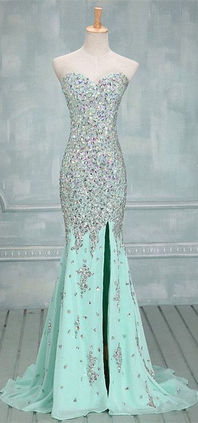 Blue Prom Dresses,mermaid Evening Dresses,side Slit Prom Gowns,elegant Prom Dress With Beading Rhinestones,p1652