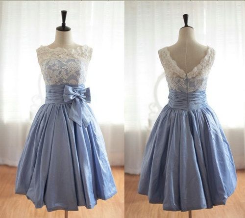 Custom Made Scalloped Blue Knee Length Prom Dress Simple Ivory Lace Bridesmaid Dress Short Homecoming Dress Cocktail Dress Wedding Party