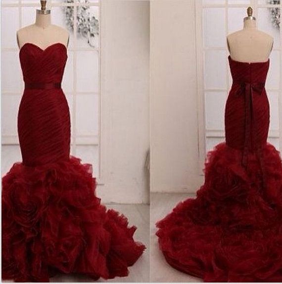 Red Mermaid Long Prom Dress ,red Mermaid Wedding Dress,layers Organza Trumpet Wedding Gown,tiered Ruffles Evening Prom Dress,evening Gowns,p1663