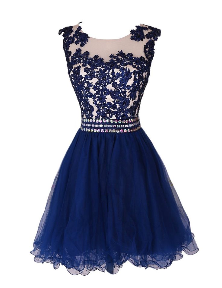Navy Blue Lace Appliques Crew Neck Sleeveless Short Tulle Homecoming Dress Featuring Curly Hem