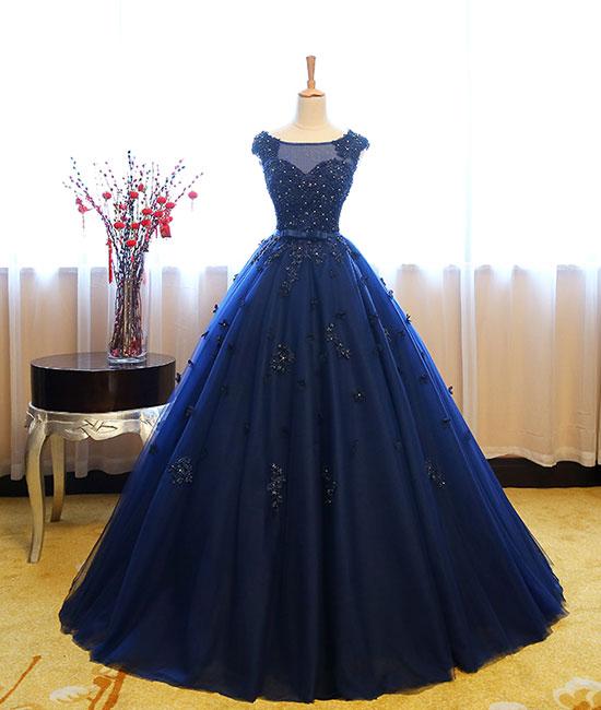 Dark Blue Tulle Lace Long Prom Dress, Dark Blue Sweet 16 Dress,p1688
