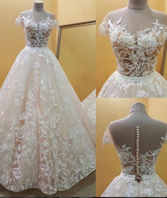 Champagne Lace Long Prom Dress, Champagne Evening Dress,wedding Dresses,bridal Dresses,w1701
