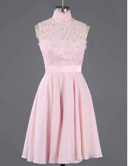 A-line High Neck Short/mini Chiffon Prom Dresses With Appliques Lace Sashes,h1750