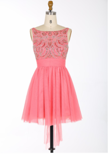 Sexy A-line Scoop Short Tulle Backless Coral Prom/homecoming Dress With Beading Sashes,h1757