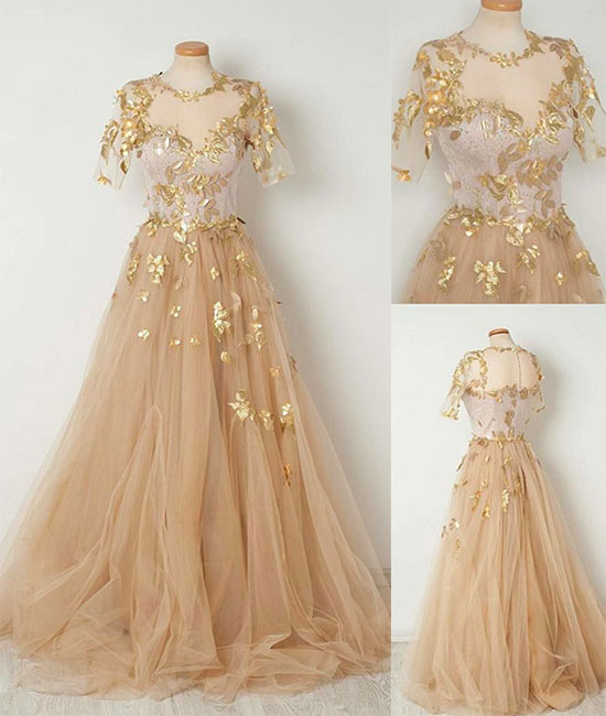 Champagne Tulle Long Prom Dress, Evening Dresses,short Sleeves Prom Dresses,p1777
