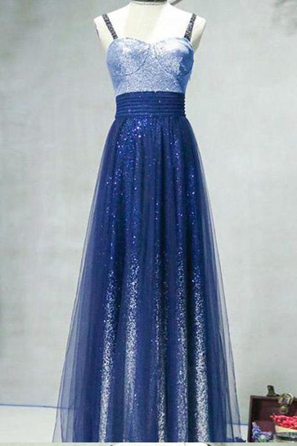 A Line Ombre Spaghetti Straps Tulle Blue Sequins Sweetheart Prom Homecoming Dress,p1811