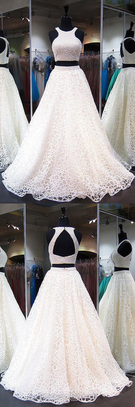 Newest Ball Gown Prom Dresses, Scoop Neck Tulle Party Gowns, Long Evening Dresses, Two Piece Formal Dresses, Open Back Prom Dresses, White