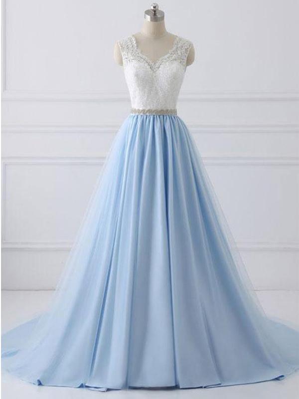 Lace Prom Dresses A-line White And Blue Long Prom Dress/evening Dress ,p1938