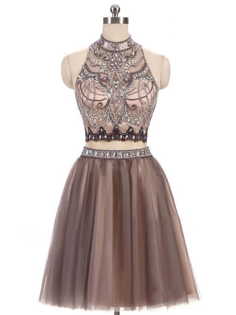 Chic Two Pieces Homecoming Dress High Neck Beading Short Prom Dress Homecoming Dress,h1940