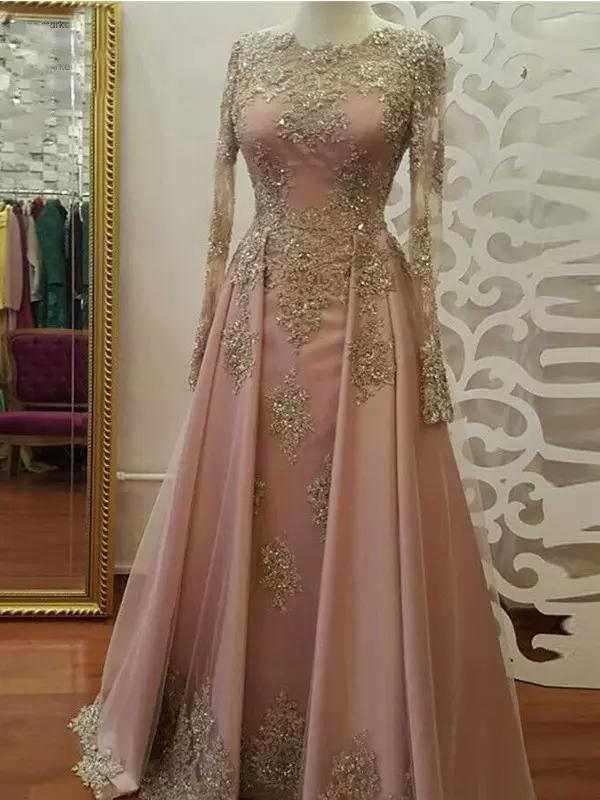 2018 A-line Prom Dresses Scoop Long Sleeve Pink Applique Long Prom Dress Evening Dresses,p1943