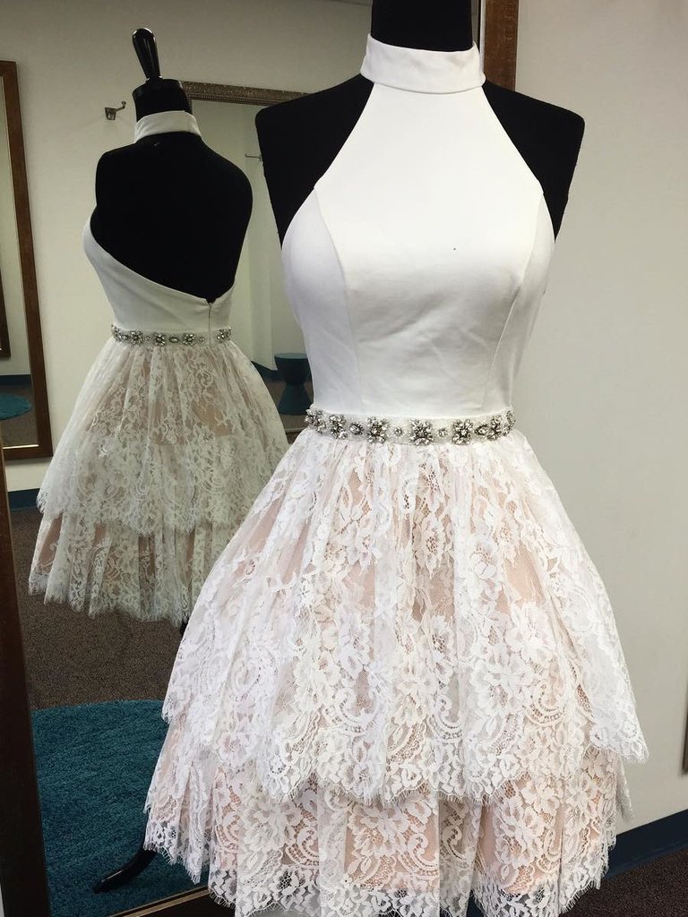 High Neck White Short Lace Backless Homecoming Dress,h1970