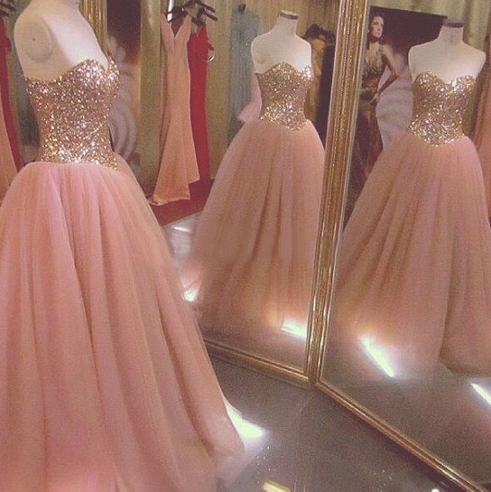 Quinceanera Dresses, Sparkly Sequined Quinceanera Dresses, Long Prom Dresses Ball Gown, Rose Gold Prom Dresses, Formal Sweet 16 Dress, Sweet 15
