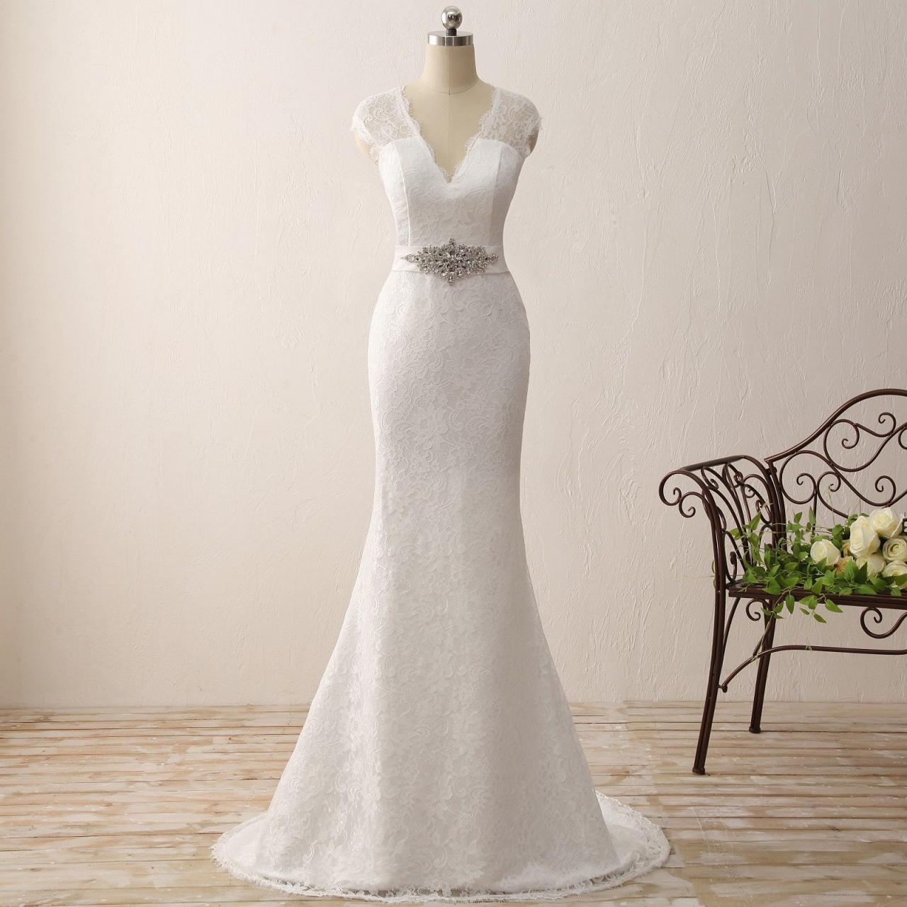 Cap Sleeve Long White Ivory Lace Mermaid Wedding Dresses V Neck Bridal Gown,mermaid Wedding Dresses,w1988