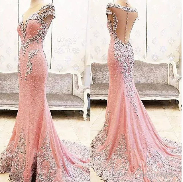 2018 Newest Sexy Real Image Mermaid Elegant Pink Lace Evening Dresses Sexy Crystal Crew Party Prom Dresses,p2028