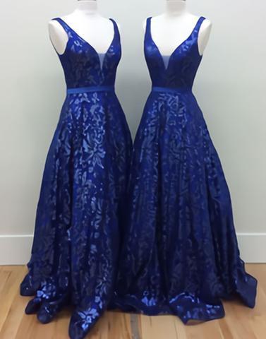 2017 A-line Royal Blue Lace V-neck Long Prom Dress,p2058